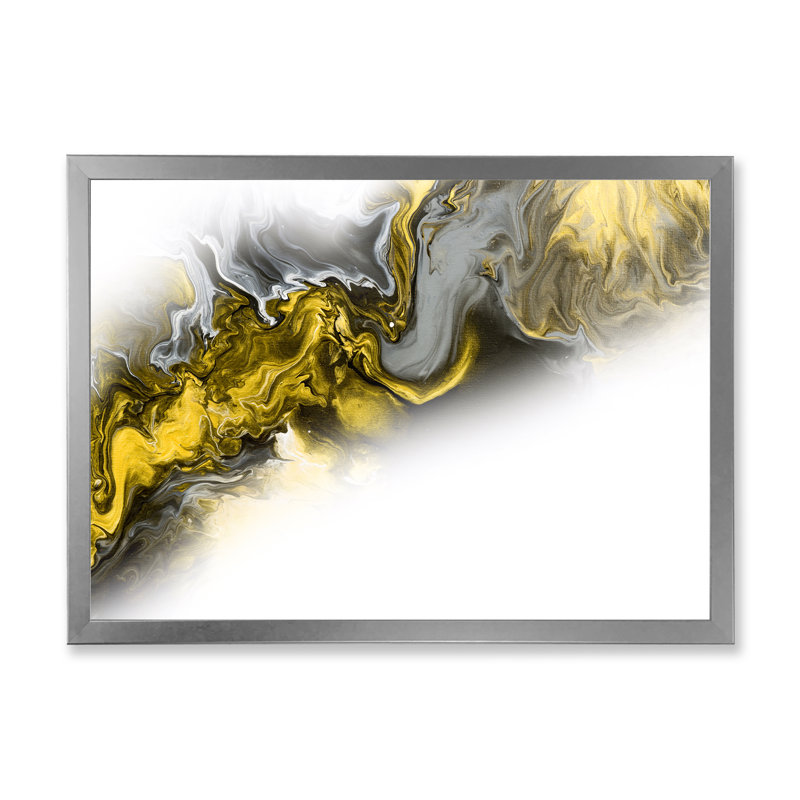 Vague de marbre jaune et gris sur blanc - peinture sur toile, Cadre photo argenté, H 12 po x l 20 po