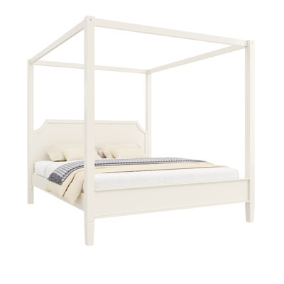 Lagola Queen Size Wood Canopy Bed Frame with Headboard, Four Poster Platform Bed Frame with Wooden Support Slats, No Box Spring Needed, Easy Assembly, Creamy White