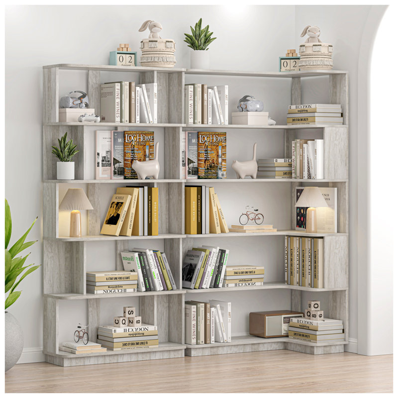Ensemble de bibliothèque d'angle 90 cm et bibliothèque de 80 cm avec 2 tablettes modulaires en panneau de fibres à densité moyenne gris clair et extensible pour bureau personnel