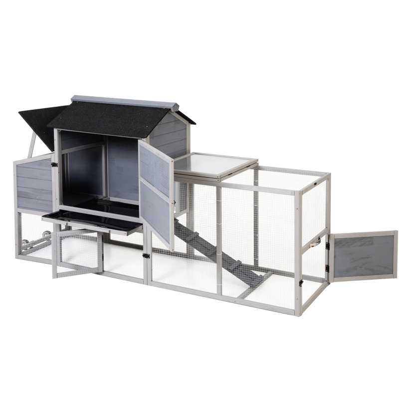 Poulailler pour petits animaux avec espace de couchage, nichoir et roues, motifs colorés de couleur grise, système de mobilité adaptable