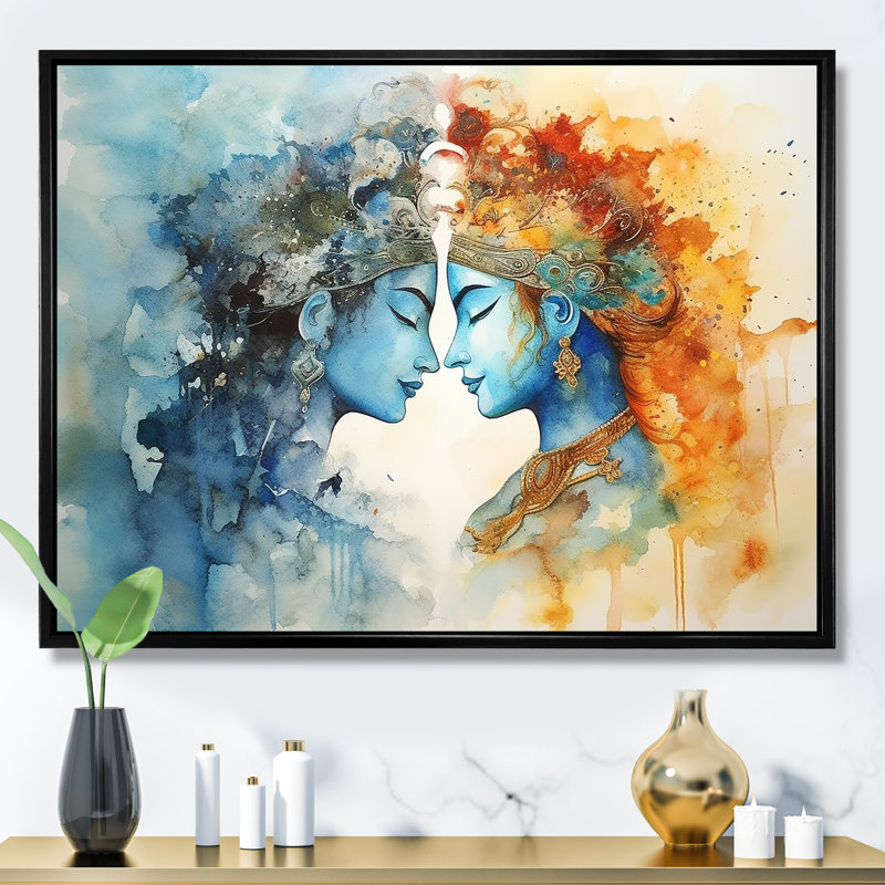 Hindouisme, aquarelle sèche, Radha Krishnas, mariage divin I - Hindouisme, art mural, Cadre flottant noir, 34" H x 44" W