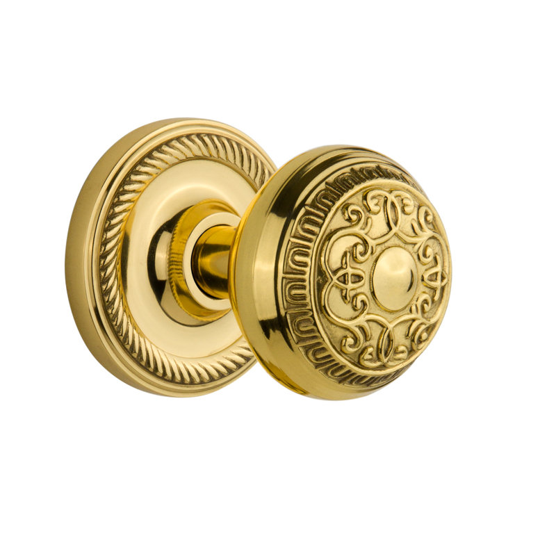 Bouton de porte de mortaise intérieure avec rosettes à l’oeuf Rope, Laiton poli