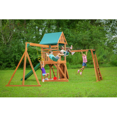 Ensemble de jeu Mountain View avec toit bâche et accessoires multicolores, glissade verte