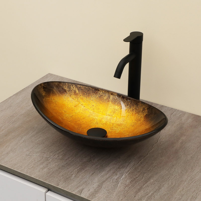 18-1/2 in. Dark Brown Glass Oval Vessel Bathroom Basin Sink with Black Pop-up Drain