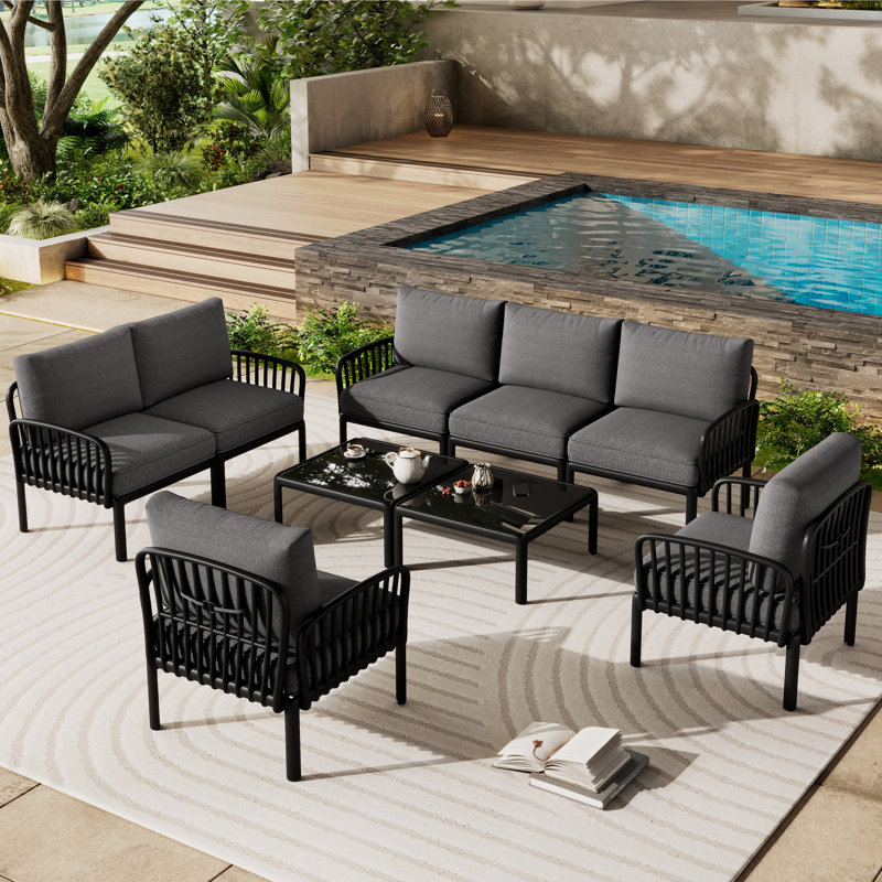 Ensemble de conversation pour patio 9 pièces, ensemble de mobilier modulaire d'extérieur moderne avec deux tables basses carrées, siège épais à coussin épais pour porche et balcon