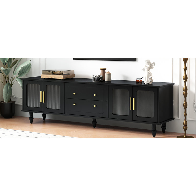 Console radiant pour téléviseur de 78 po: portes cannelées, rangement spacieux, 2 armoires noires envoûtantes, tiroirs