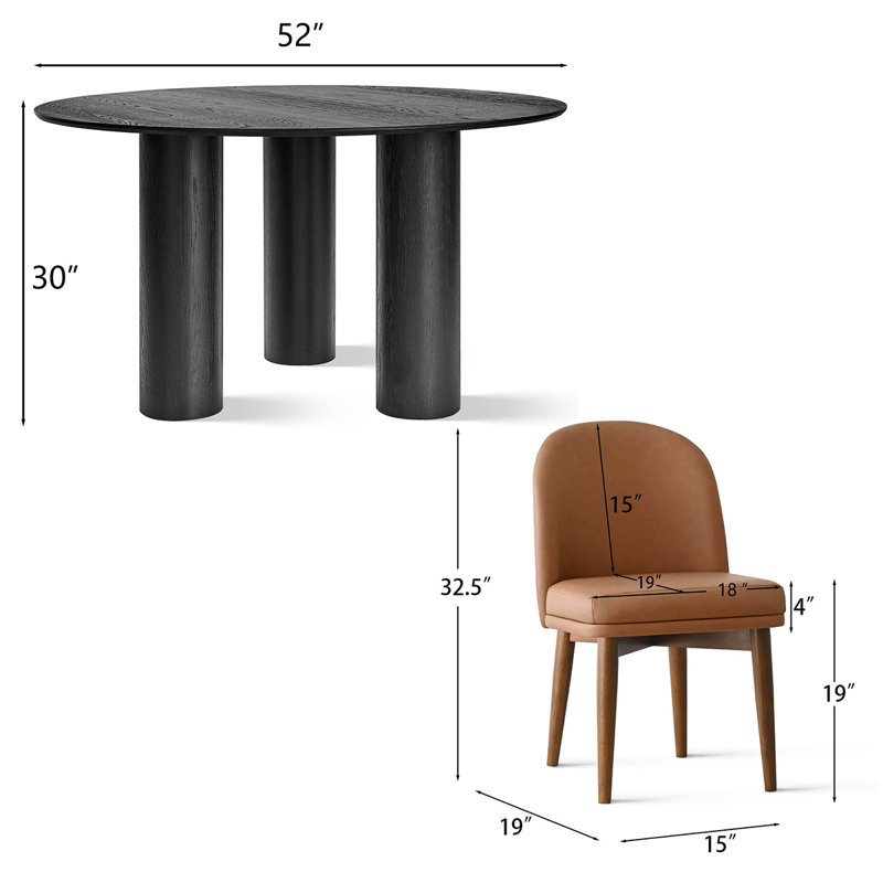 Modern 7-Piece Round Dining Set With Multi-Pedestal Base Table And Upholstered Wood-Leg Chairs