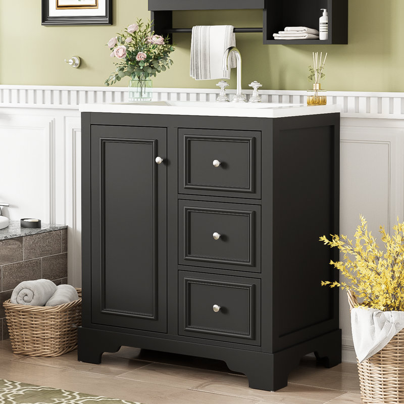 30'' Single Bathroom Vanity With Ceramic Top, Silver, Black