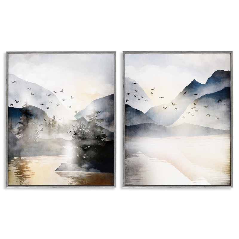 Sunlit Birds over Lake par JJ Design House LLC - 2 pièces, impression, Estampe numérique Farmhouse, H 20 po x l 16 po