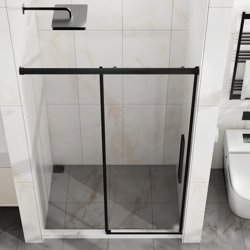 6Mm Tempered Glass Semi- Modern Shower Door, Matte Black Stainless Steel Hardware, Adjustable Width, Reversible Left Or Right, Splash Seal, Quiet Slide For Bathroom 48" W X 72" H 1/4"  6Mm  Thick