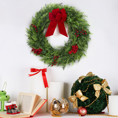 24 Inch Artificial Christmas Wreath, Large Green Cypress Wreath with Red Velvet Bow, Berry Clusters, Indoor Outdoor Xmas Wreath Decoration for Front Door, Window, Fireplace