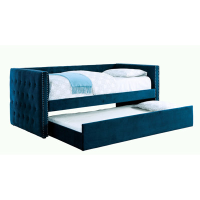 Transitional Style Navy Daybed With Trundle, Padded Upholstery Of Flannelette, Button , Nailhead Trim, Slat Kit For Bedroom Arrangement Trundle In Style, Upholstery, Kit, Design