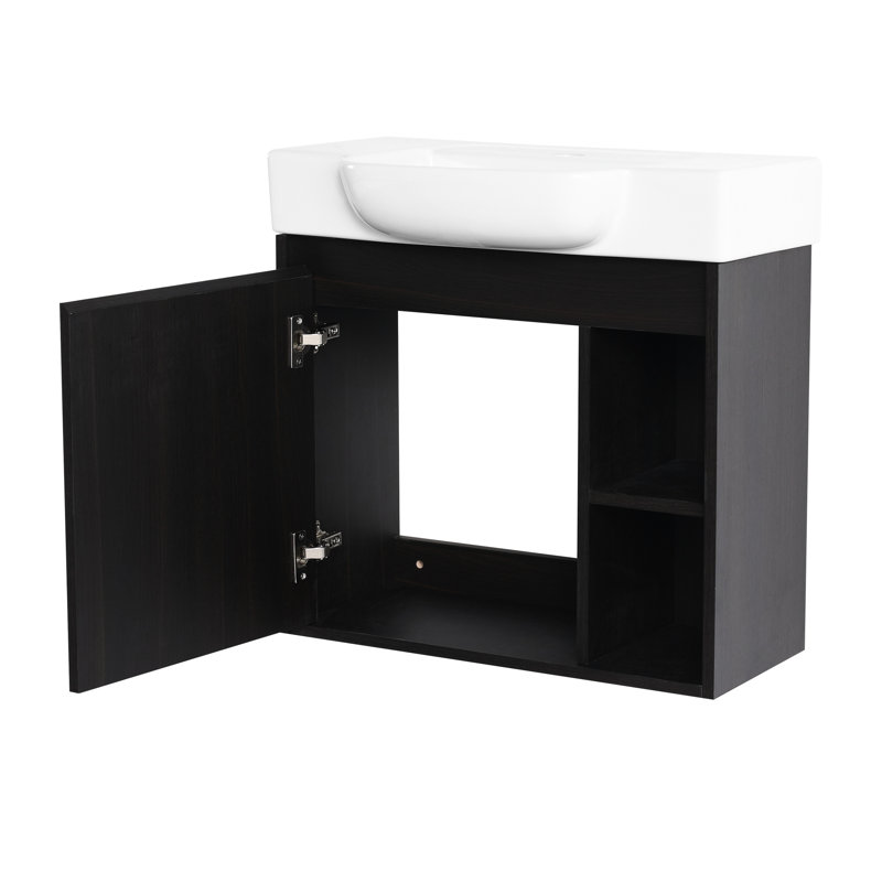 Meuble-lavabo de 24 po avec lavabo en céramique blanc, porte à fermeture en douceur, chêne foncé, base en contreplaqué, 45 poignées dissimulées, option d'espace