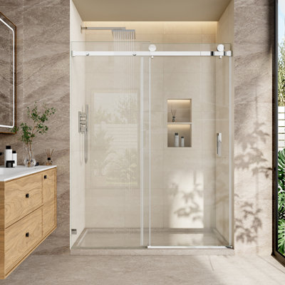 Kavrton 57"-61" W X 79" H Single Sliding Shower Door, Frameless Shower Door in Matte Black, 3/8"(10mm) SGCC Certified Tempered Clear Glass