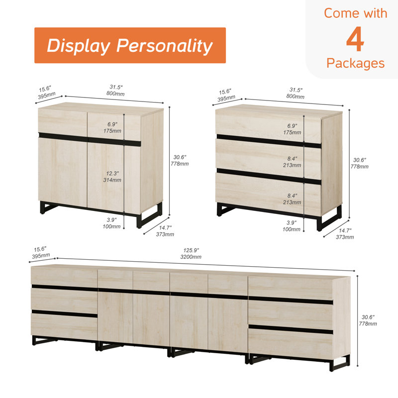 Buffet Jorgenson 4-en-1 moderne avec 6 tiroirs et tablettes réglables, Beige