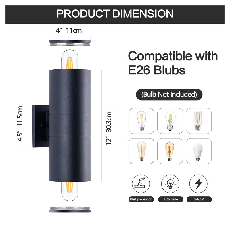 4-Pack Modern Cylinder Outdoor Wall Sconces - Matte Black Up Down Exterior Light Fixtures for Porch, Patio & Front Door