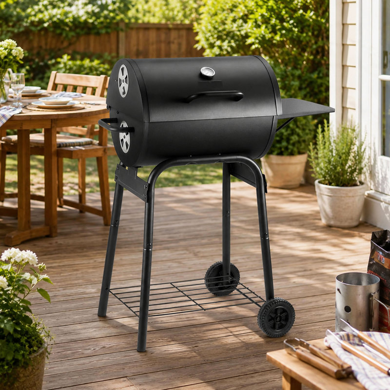 Barrel Charcoal Grill, Side Table and Adjustable Charcoal Pan