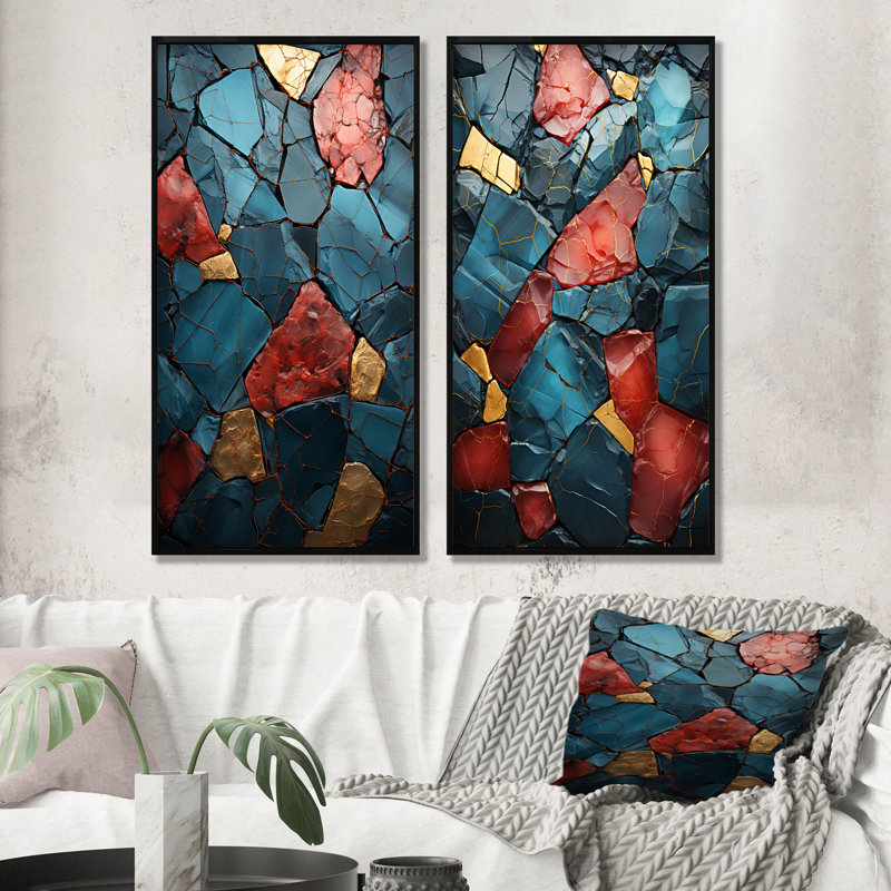 Hodimont - Ensemble de 2 reproductions d'art en marbre abstrait, Cadre flottant noir, H 28 po x l 25 po