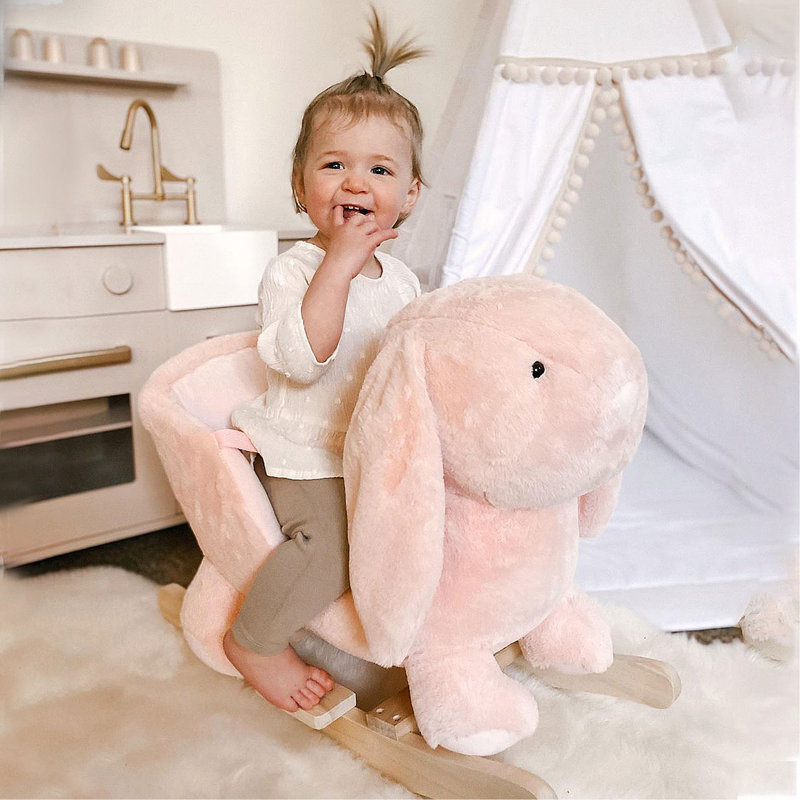 Cheval à bascule Rabbit en bois avec son simulé, base en bois, ceinture de sécurité, chaise berçante en peluche