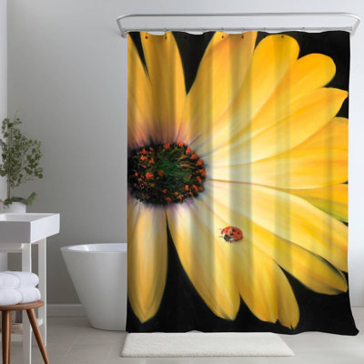 Yellow Daisy & Ladybug – Polyester Shower Curtain, Dye Sublimation Print, 71" W × 74" L