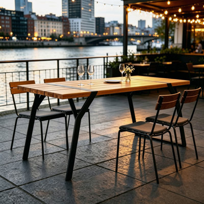 70.75 Inch Black Modern Industrial Dining Table, Rectangular Acacia Wood Slatted Tabletop with Powder Coated Metal Sled Leg Frame, Sturdy Indoor Outdoor Furniture for Home Patio Gathering