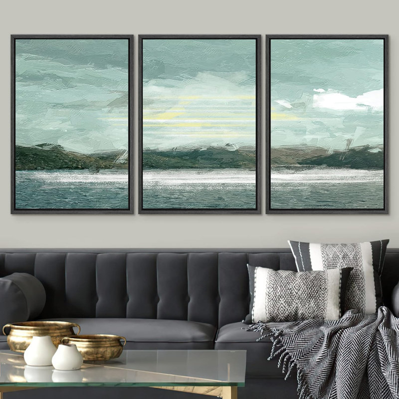 «Abstract Landscape Stormy Tropical Island Ocean View», reproduction de tableau encadrée sur toile 3 pièces, Noir