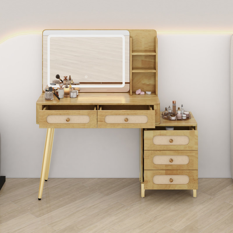 Détails du bureau de maquillage rétro avec miroir et lumières, 5 tiroirs, tablette et tiroir en rotin, Naturel