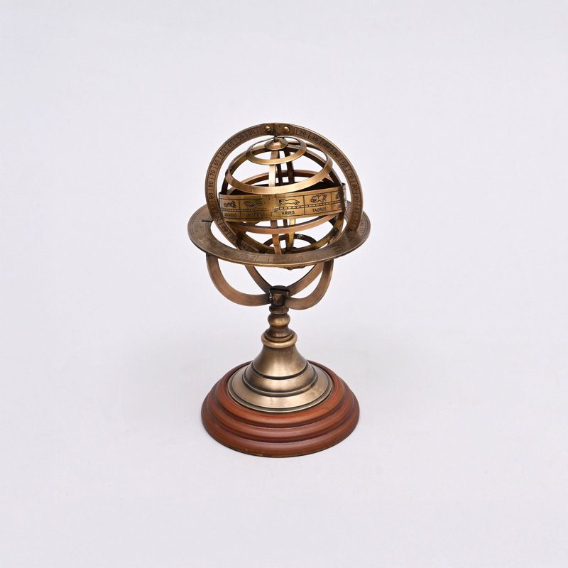 Decorative Brass Armillary Sphere with Wood Base for Desk or Shelf Display