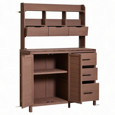 Banc de rempotage de ferme Farmhouse, grand poste de travail de jardin autoportant de 44,6 po x 19,5 po avec 6 tiroirs, armoire inférieure et crochet latéral, îlot de cuisine extérieur