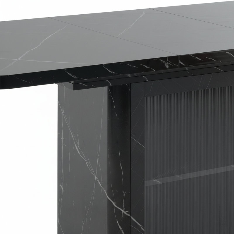Table de salle à manger rectangulaire moderne de 47,24 à 63 po, extensible, avec plateau de table en marbre noir imprimé et pieds de table de rangement avec base en métal