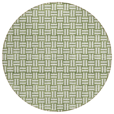 8' Green Round Geometric Washable Indoor Outdoor Area Rug