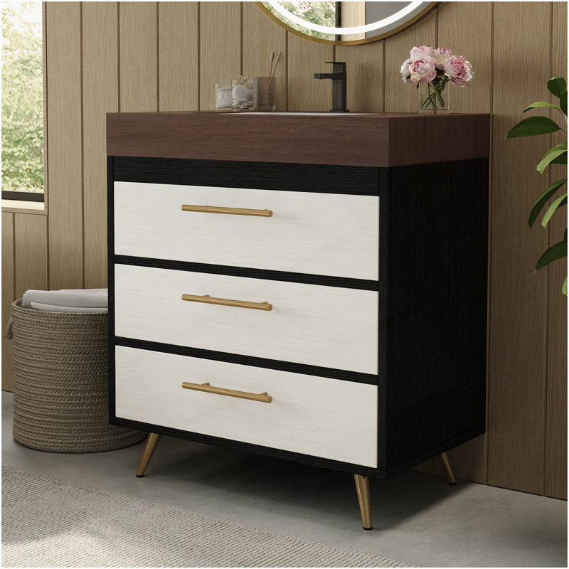 Meuble-lavabo autoportant moderne avec lavabo vasque en céramique et plateau en pierre frittée durable, Noyer