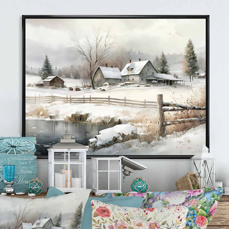 Indiana Farm In Winter - Paysage de ferme, art mural, H 24 po x l 32 po x P 1 po, Cadre flottant noir