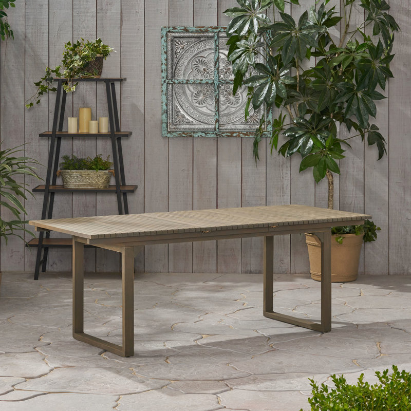 Table de salle à manger extensible en bois gris avec lattes traditionnelles et support en forme de U pour les réceptions, extension à lattes à cadre fermé de 62,25 pouces