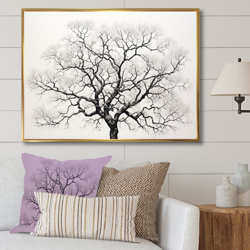 Minimalisme, arbres en chêne noir et blanc - art mural grand chêne, Cadre flottant doré, H 16 po x l 32 po x P 1 po