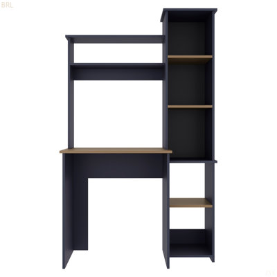 Navy Blue And Natural Oak Computer Desk With Hutch And Side Bookshelf