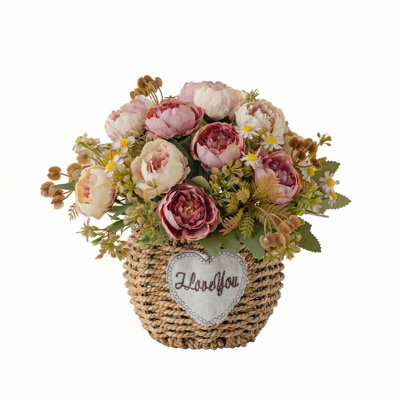 8.7 Inch Pre-made Artificial Peony Potted Flower In Woven Basket, Fake Daisy Arrangement for Home Tabletop Gift Decor