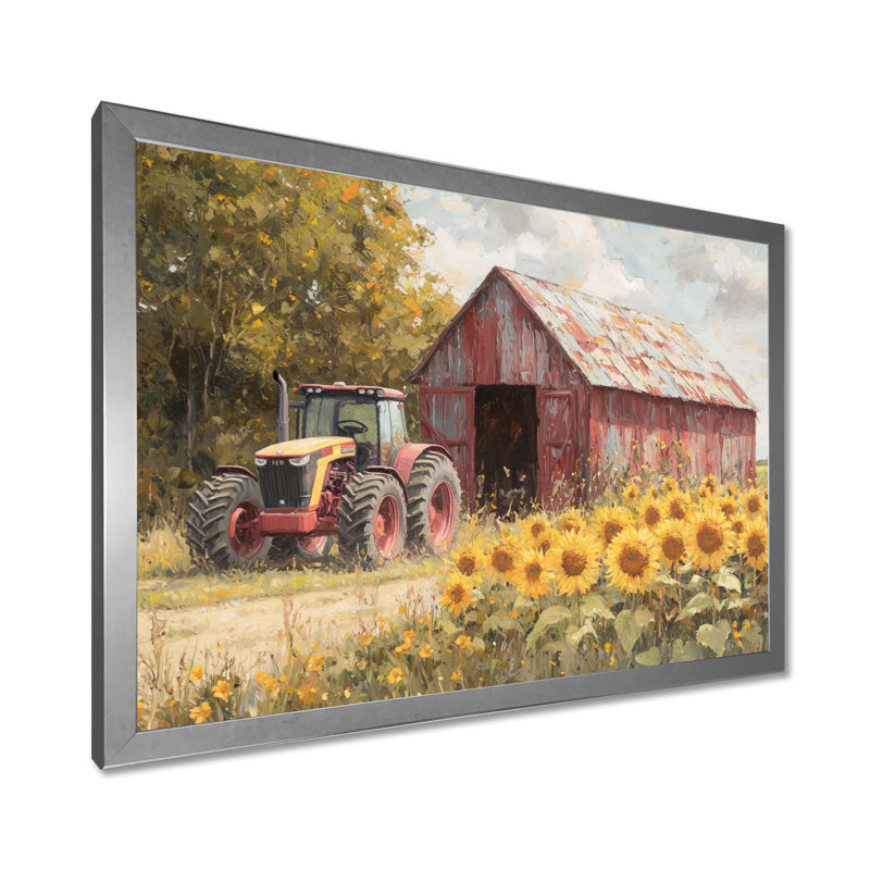 Dobrinka Sunflowers and The Tractor Shed IV - Sunflowers, art mural, Argent argent, H 30 po x l 40 po, Floater Framed