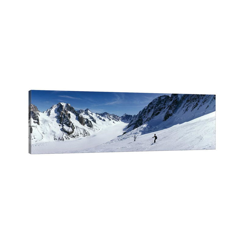 Rear View of Two People Skiing, Les Grands Montets, Chamonix, France 1 Piece Wrapped Canvas Panoramic Wall Art