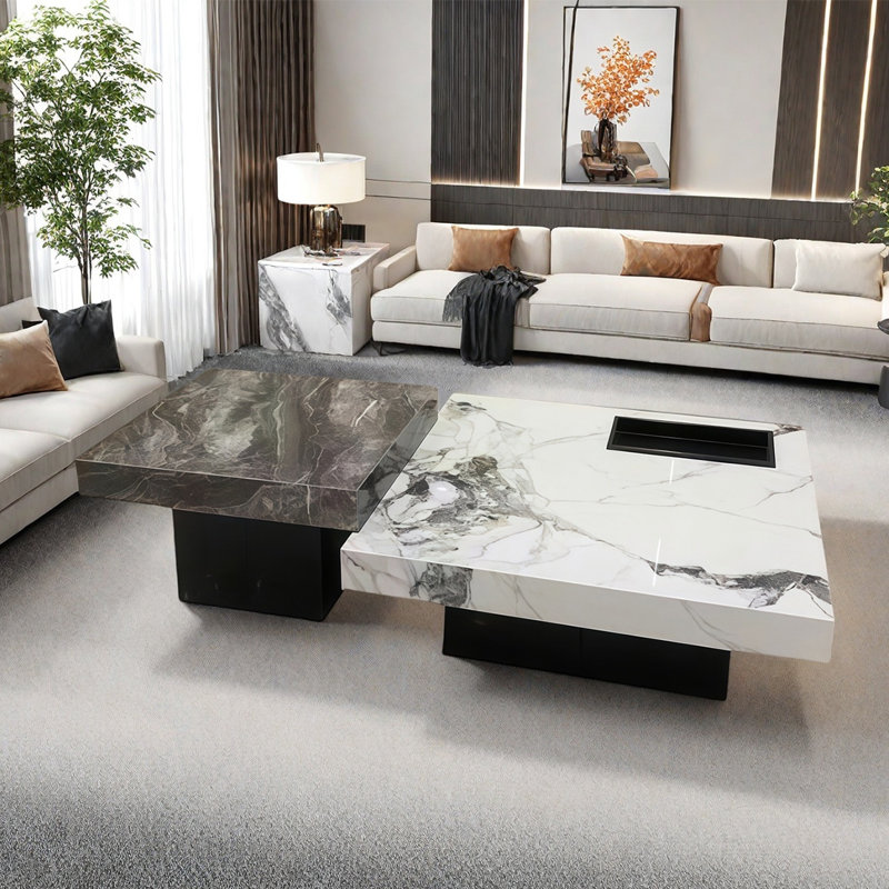 Modern rock plate coffee table set, Black/White/Multicolor, 13.8" H x 47.2" L x 47.2" W