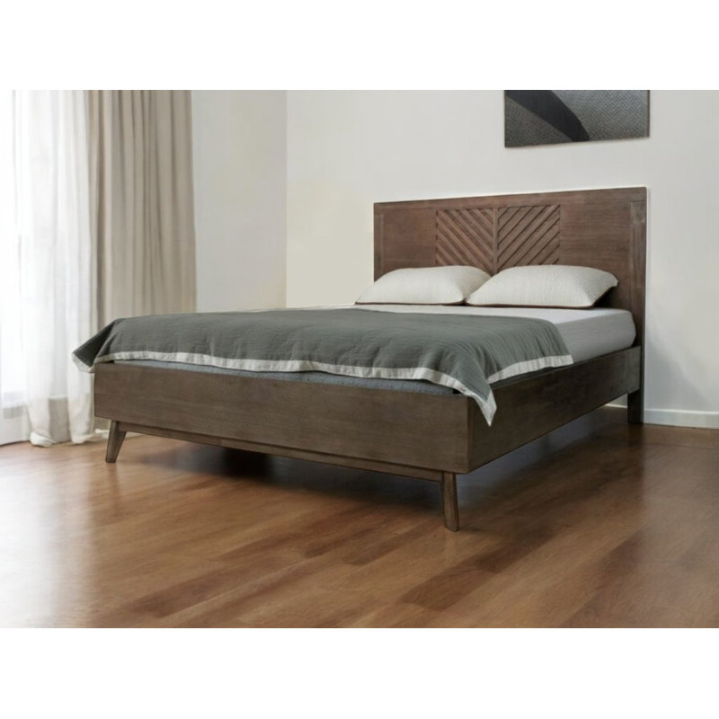 Brown Carved Geometric Solid Wood King Bed Frame