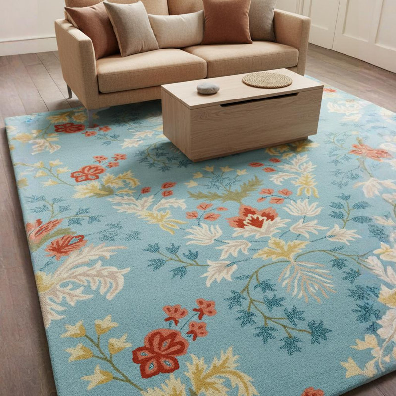 Adairsville Authentic Hand-Tufted Handmade Light Blue, Rust & Golden Yellow Traditional Symmetrical Botanical Wool Area Rug