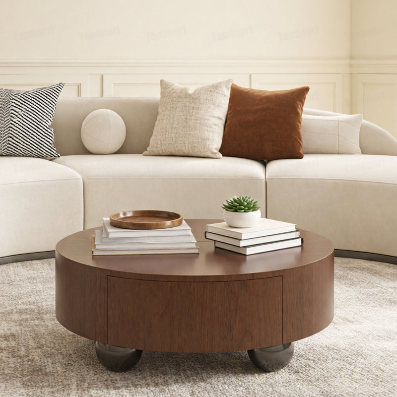 Table basse ronde en bois avec finition noyer et tiroirs de rangement pour le salon