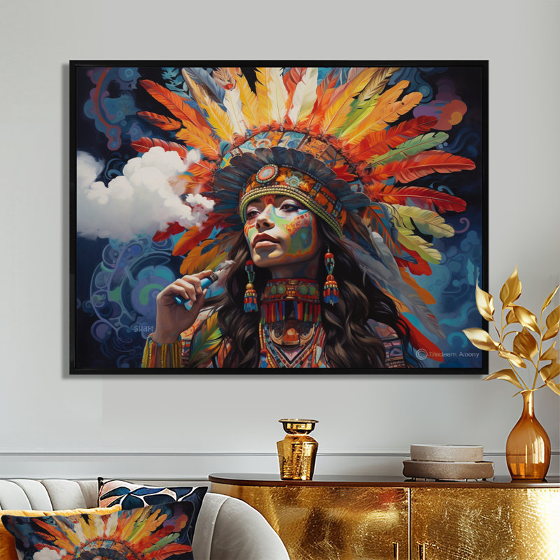 Tribal beauté plume coiffe rétro I - femme amérindienne, impression d'art mural, Toile noire avec cadre flottant