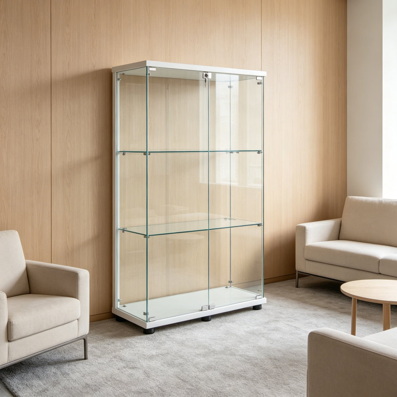 Two Door Glass Cabinet Glass Display Cabinet With 3 Shelves, Storage Cabinet, Display Cabinet, Glass Cabinet, White