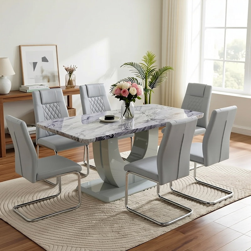 Ensemble repas 7 pièces Kimara, Gris clair, 7 pièces : table, 6 chaises