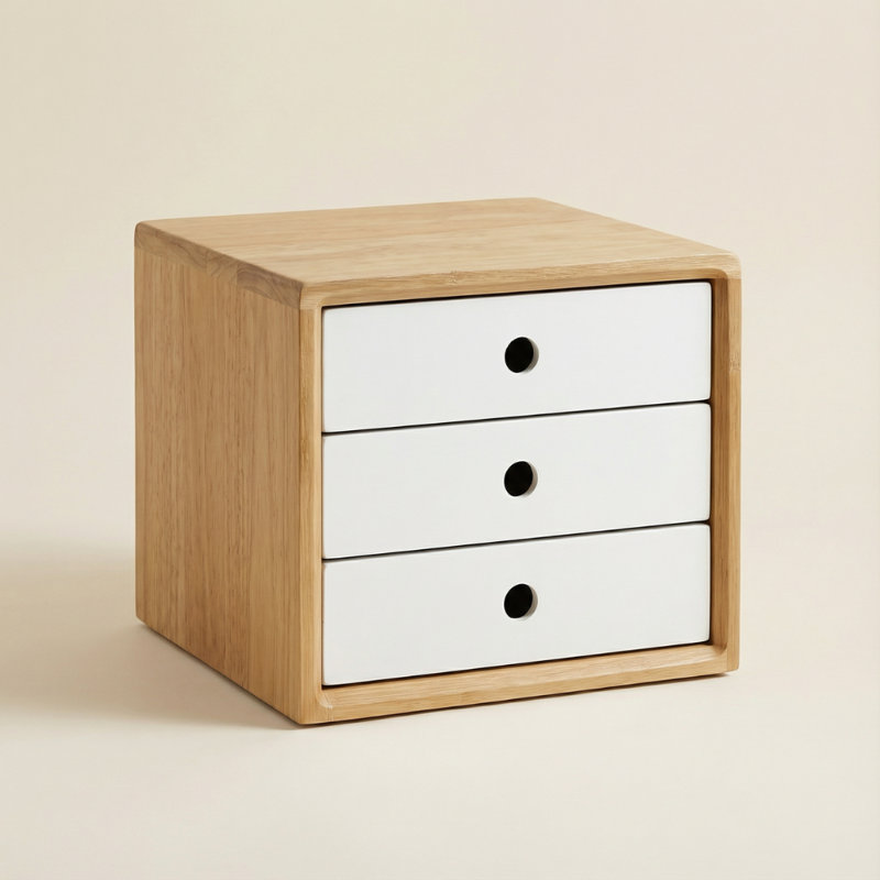 Ostos Bamboo Desk Drawer Tabletop Storage Box With Three Drawers, 8.46" H x 10.04" W x 7.87" D, White/Wood