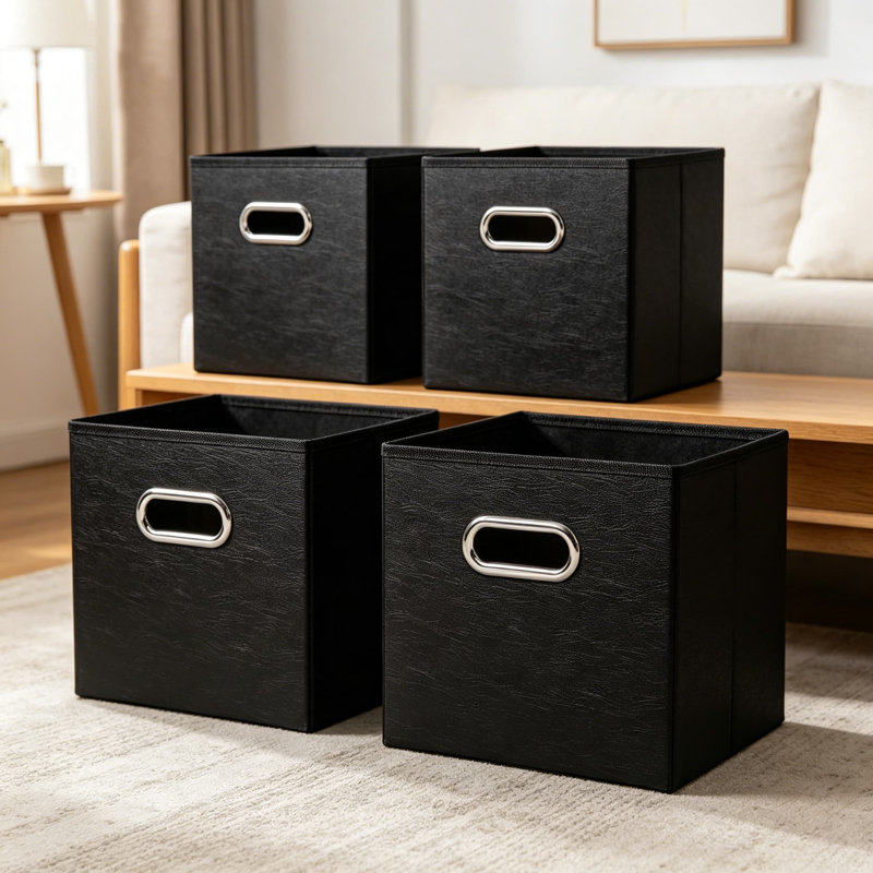Leather Foldable Cube Storage Bins 11X11x11 Inch, 4-Pack Fabric Storage Baskets With Cotton Handles, Collapsible Organizer For Shelves, Nursery, Closet, Bedroom