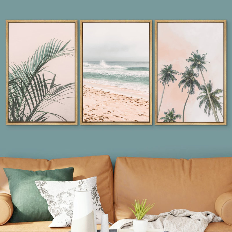 Beach And Plants " Tropical Palm Leaf Beach Ocean Shore Seascape Coastal Nautical Photography Modern Art Decor " 3 - Pieces