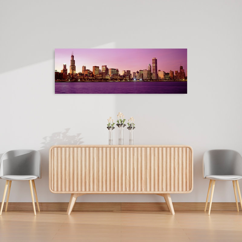 Horizon au coucher du soleil, Chicago, Illinois, art contemporain abstrait coloré de la ville, H 16 po x l 48 po
